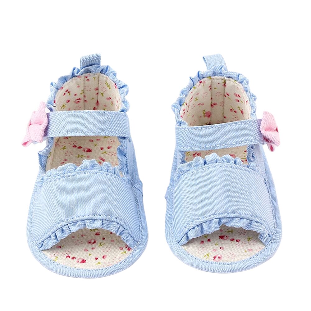 Baby Girls Ruffe Bowknot Crib Shoes Cute Summer Bowknot Floral Sandals Soft Anti-Slip Sole Toddler First Walkers Prewalker 0-18M