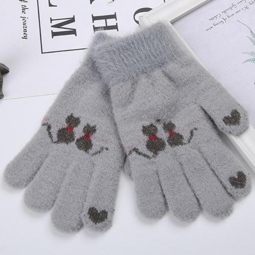 Teenagers Kids Winter Warm Leuke Kat Patroon Volledige Vinger Jacquard Gebreide Handschoenen Kinderen Accessoires: Grey