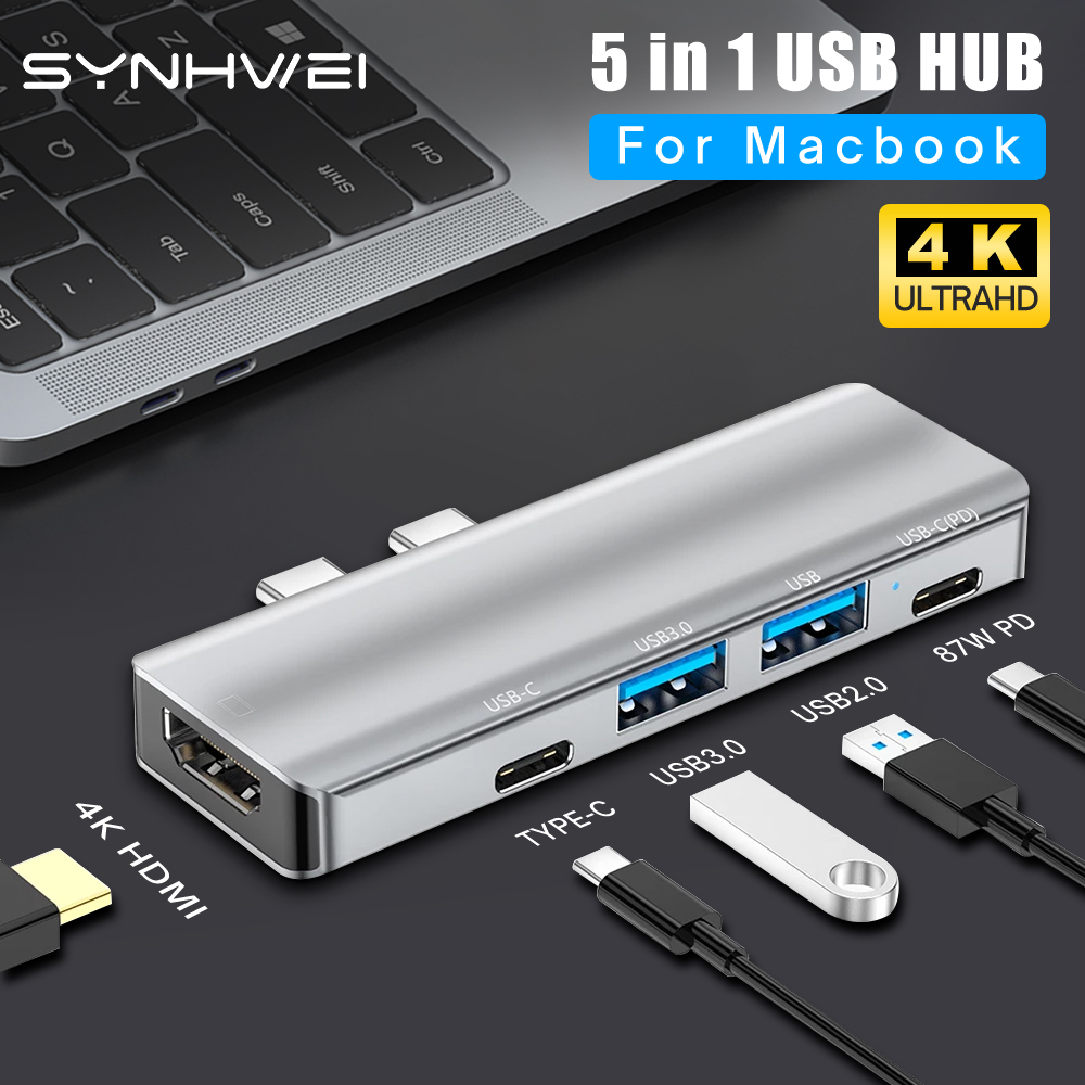 5 In 1 Usb Hub Voor Macbook Pro Air M1 Usb 3.1 Adapter Met 4K Hdmi Tf Sd-kaart reader 87W Pd Lading Ondersteuning Macbook Accessoires