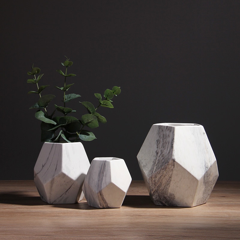 1pc Modern White Marbled Vase Geometric Shaped White Ceramic Flower Vase Desk Tabletop Holder Home Office Decoration