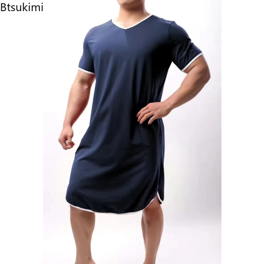 Men's Short-sleeved Lengthened Pajama Robes Loose Skin Friendly Casual Home Clothes Simple Vintage Bathrobe Men Nightgown