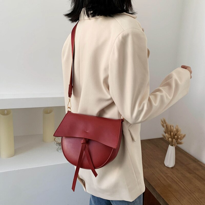 Solid color PU Leather Saddle Bags For Women Female Shoulder Bags With Wide Strap Handbags Crossbody Bags