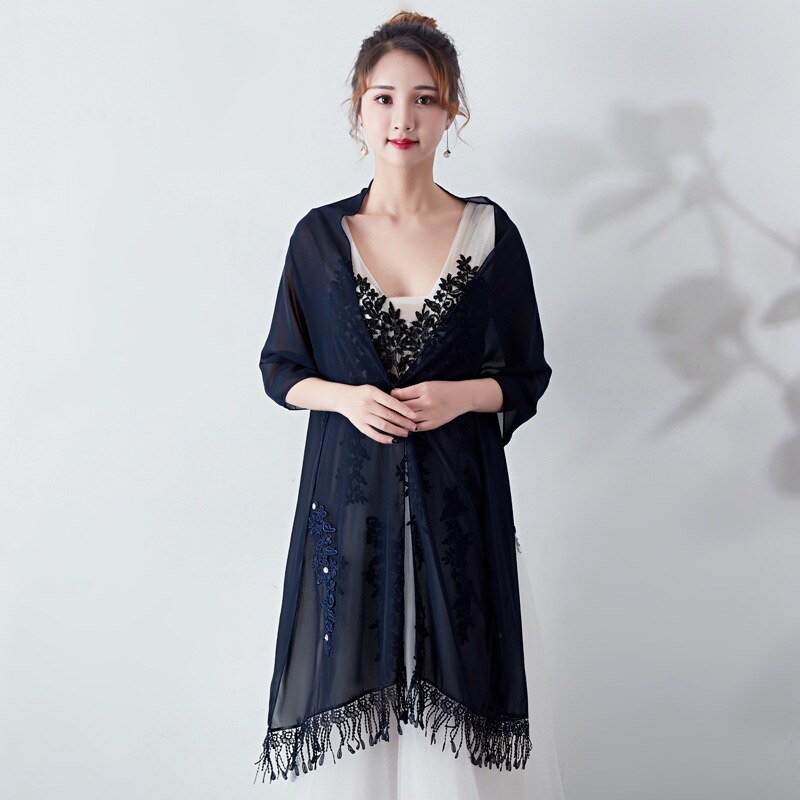 Longue mousseline de soie étole dentelle Appliques perlées robes de soirée châles de mariage enveloppes avec gland Capes de mariée fête: Black