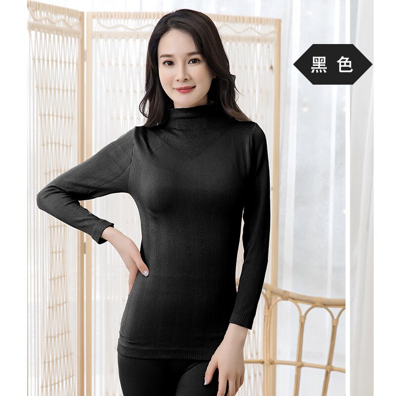 Autumn/winter Women's Pure Color High Collar Cotton Thermal Underwear Set Seamless Body Long Underwear Underwear Women: Black