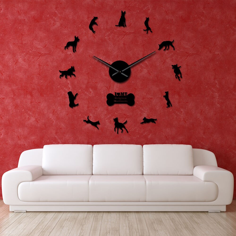 Belgian Shepherd 3D Clock K9 Security Dog Malinois Large DIY Wall Watch Animals Silhouette Acrylic Mirror Sticker