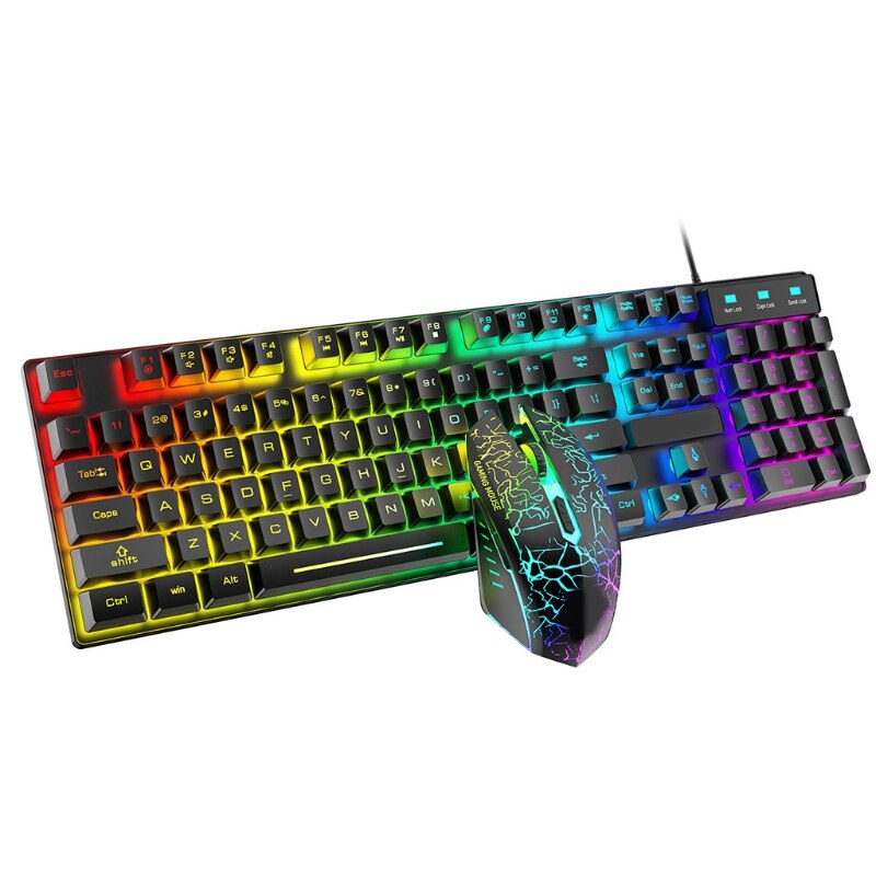 T6 Rainbow USB Wired Keyboard Mouse Pad Combo RGB Backlit Pro PC Gaming Keypad: BK