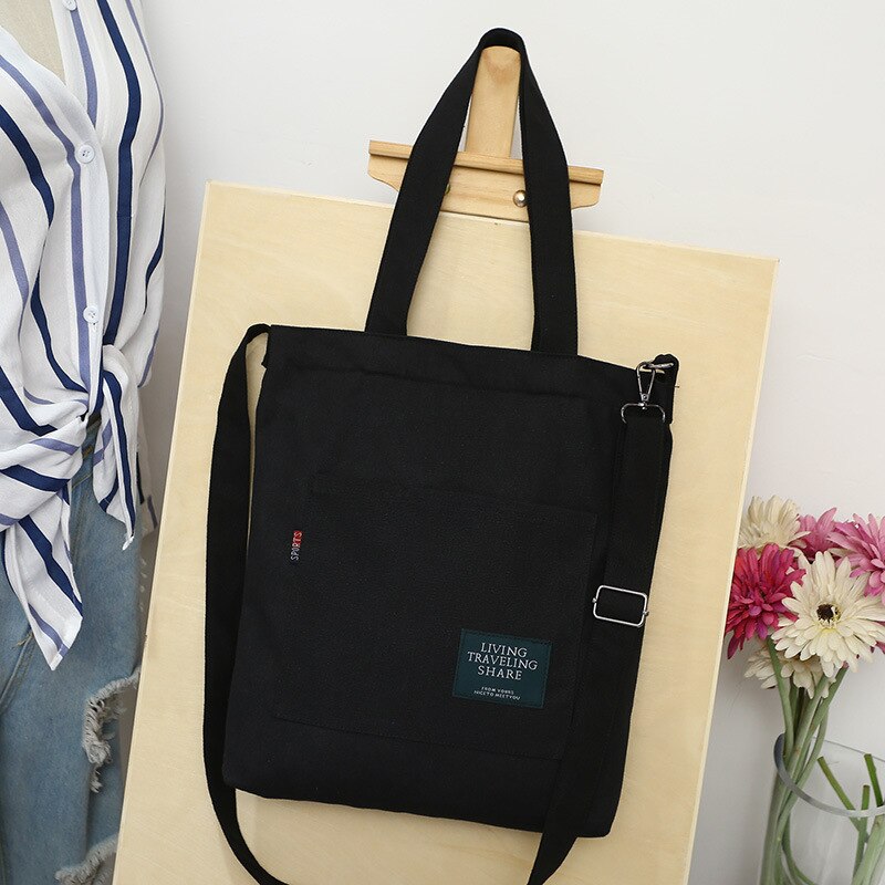 Solid Color Canvas Bag for Female Korean Style Big Capacity Single Shoulder Bags Woman Printing Pocket Bag Cheap Totes: Black B