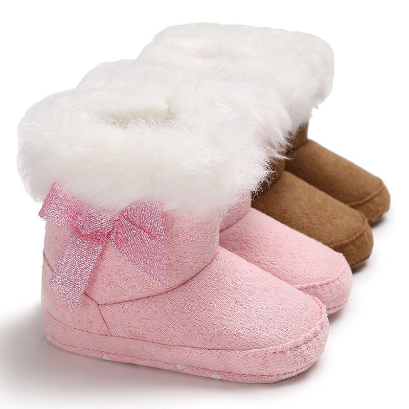 Newly Winter Toddler Baby Girl Boy Warm Boots Booties Snow Slippers Solid Fur Slip-On Bow Flat With Heel Cotton Shoes 0-18M