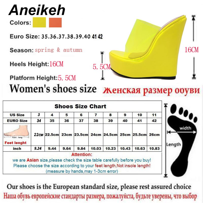 Aneikeh plattform wedge tofflor kvinnor klara genomskinliga sandaler orange gula mulor glidtjocka bottenskor ultra mycket höga