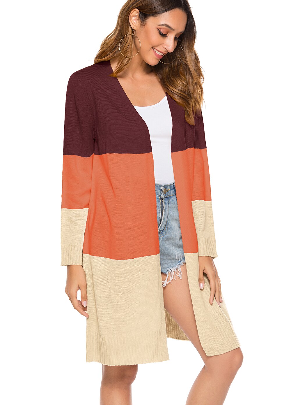 Womens Open Voorzijde Lange Trui Vesten Boho Lange Mouw Kleur Blok Gebreide Lichtgewicht Kimono Stofdoek Jassen