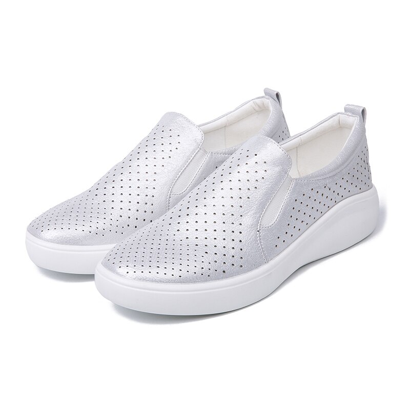AIMEIGAO Flats Casual Vrouwen Schoenen Comfort Slip On Loafers Schoenen Comfortabele Zachte Bodem Platte Schoenen: Silver / 5.5