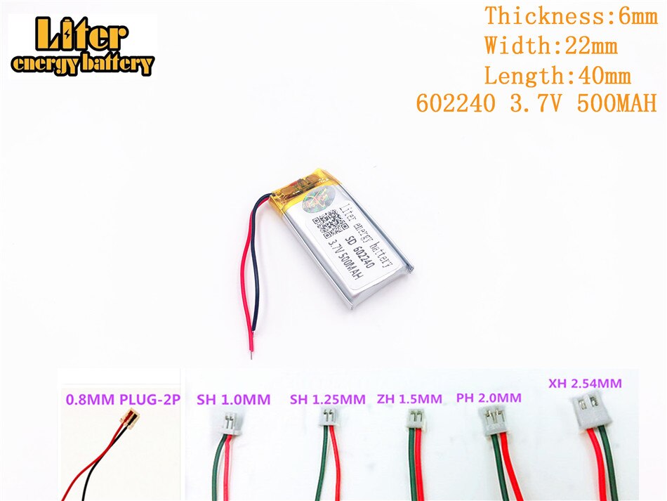Litre batterie d'énergie 3.7 V 500 mAh 602240 plug Lithium polymère batterie Rechargeable pour MP3 MP4 MP5 batterie au Lithium polymère