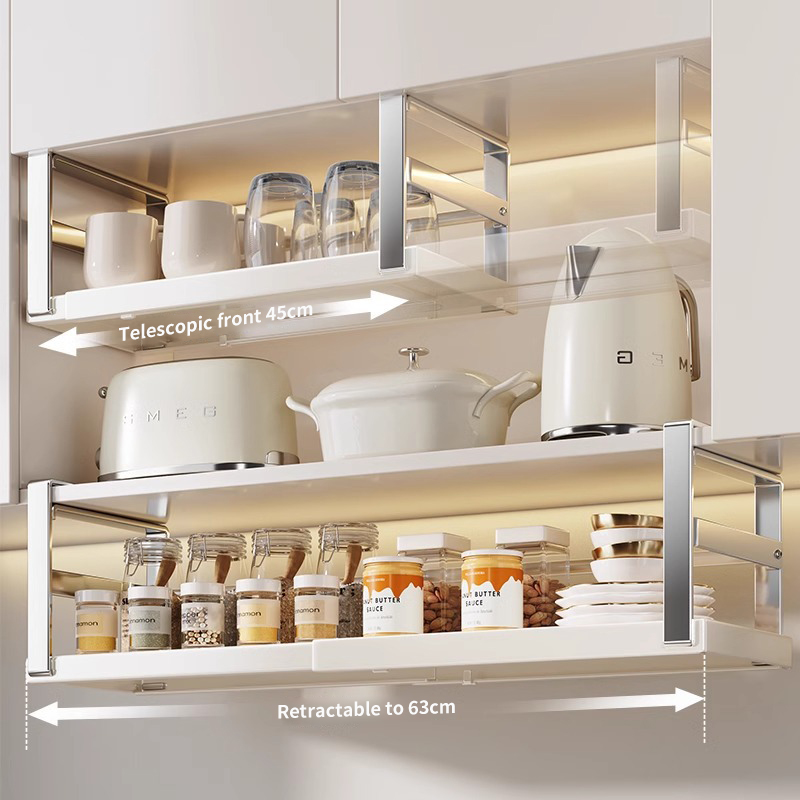 Armario de cocina debajo del estante colgante, capa colgante retráctil, cesta de almacenamiento multifuncional, organizador de especias, accesorios para gabinete