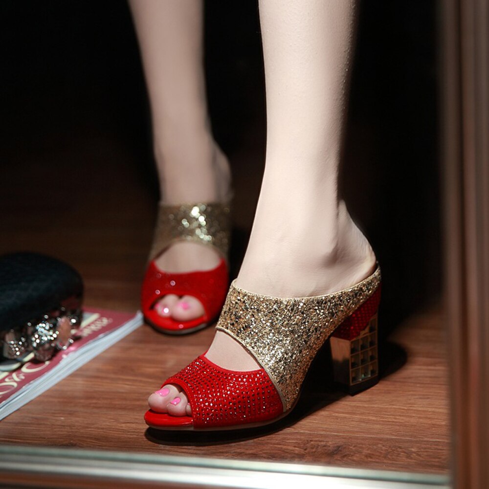 Meotina damesko sommertøffel glitter pigg høye hæler sko sexy krystall peep toe slides dame sandaler rød stor størrelse 34-43