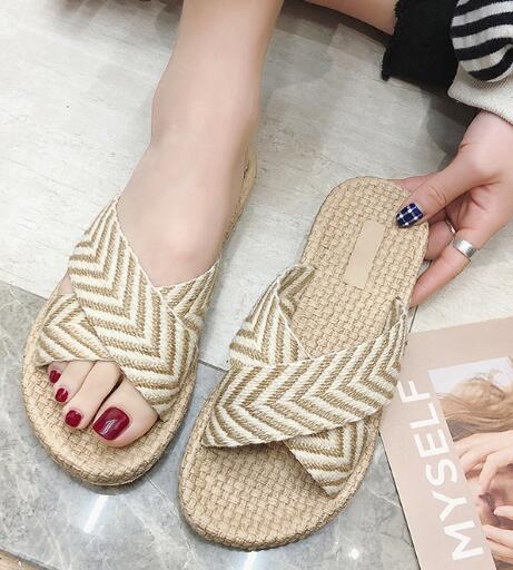 Väv kors sommar tofflor dam strand tofflor skor boho havsflip flops sandaler avslappnad halkfria glidskor: Beige / 8.5