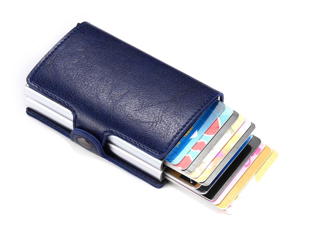 RFID Men's Leather ID Credit Card Holder Male Automatic Aluminum Alloy Hasp Business Double Layer Cardholder Wallet for Man: Dark Blue