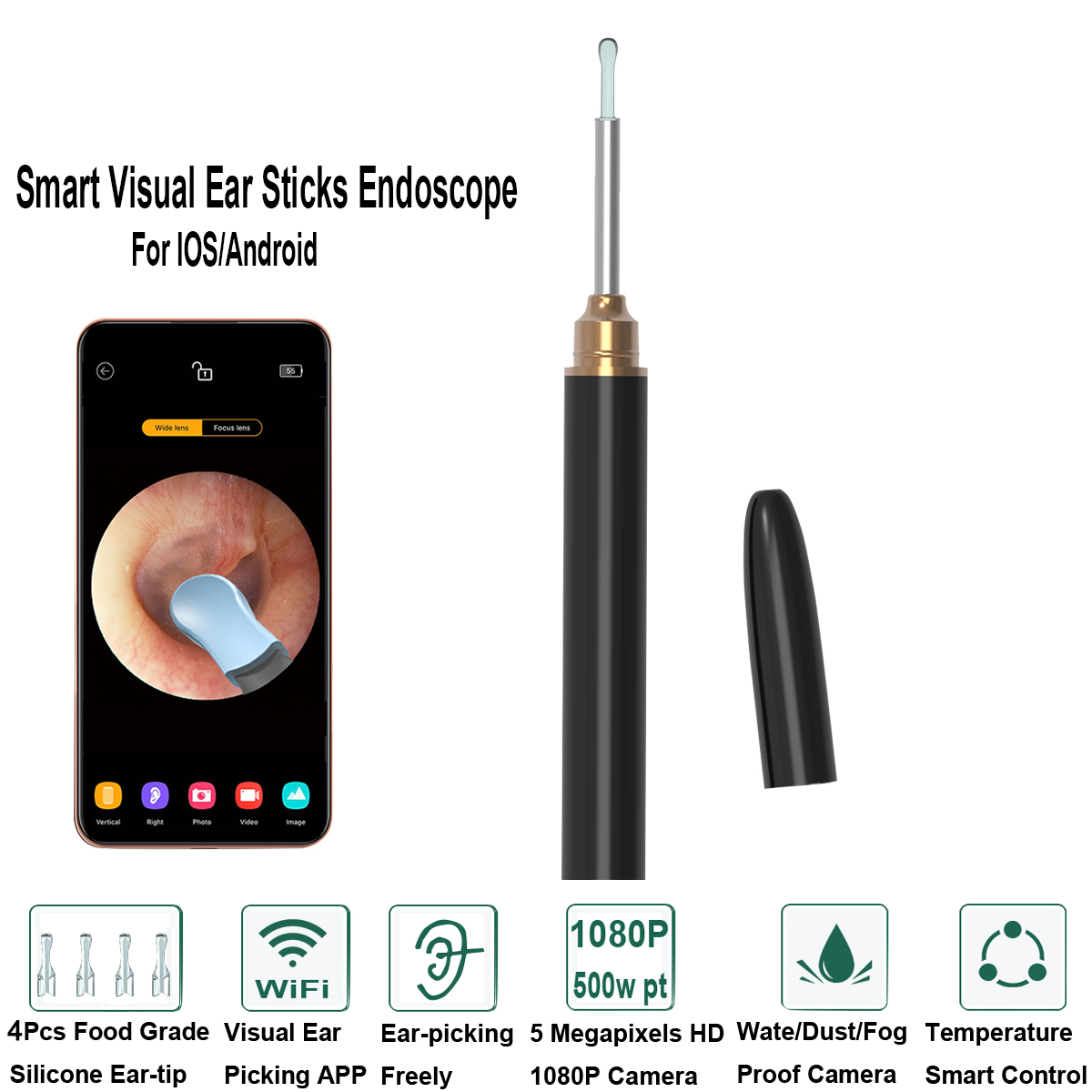 Wifi Earwax Remover Smart Visual Earpick Pen Wireless APP For IOS/Android Oral/ear Multifunction Examination Endoscope Camera: Black