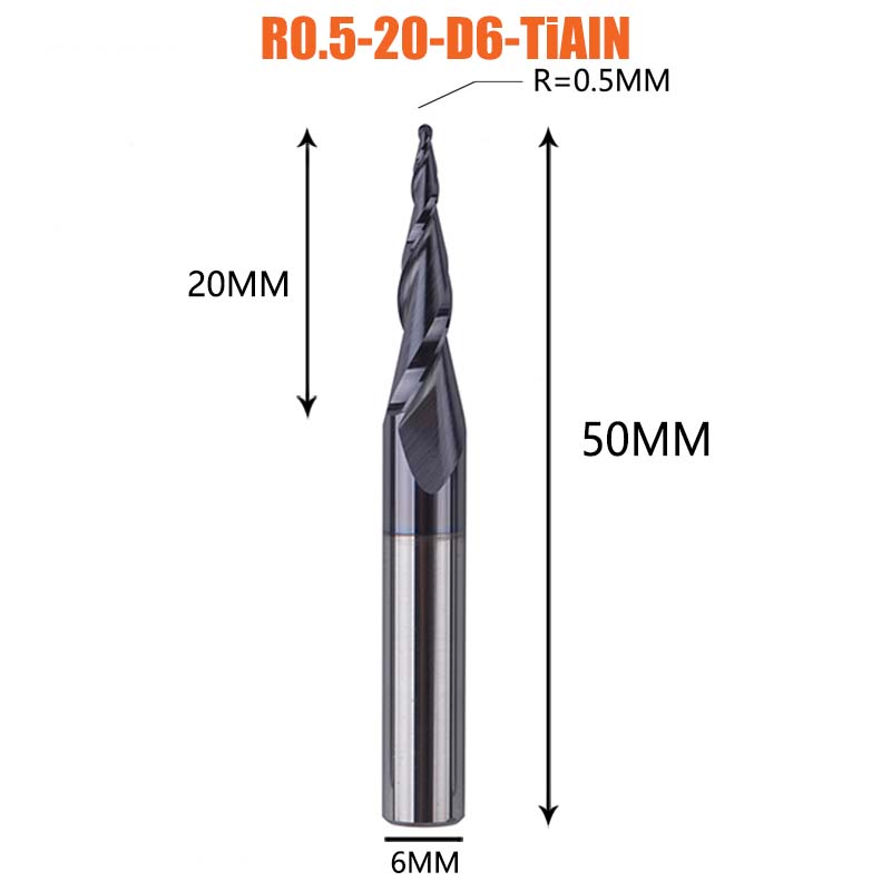 1 Pcs Tungsten Vhm Gecoate Taper Ball Nose Cnc Frezen Frezen Voor Hout En Snijders Voor Metalen end Mill: R0.5-20-D6