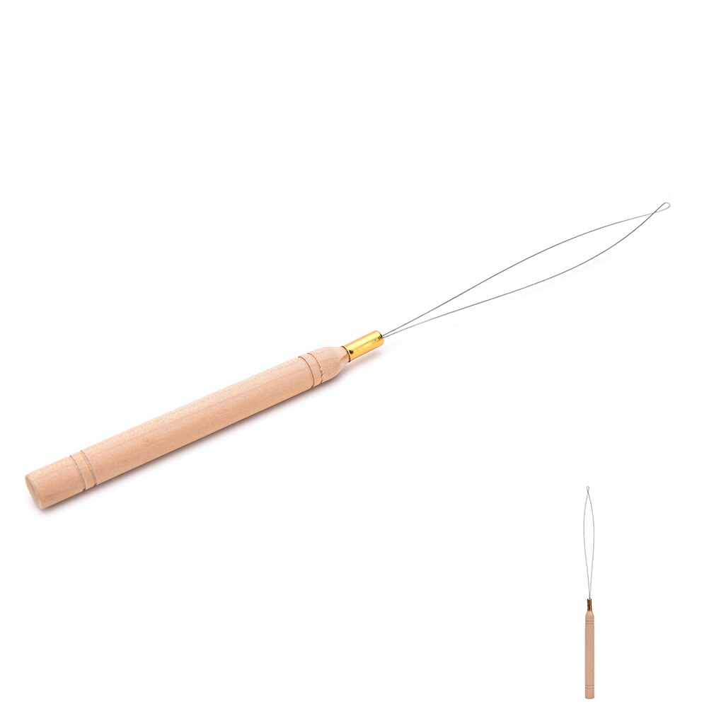 1Pcs Hair Extension Hook Pulling Tool Needle Threader Micro Rings Beads Loop Wooden Handle