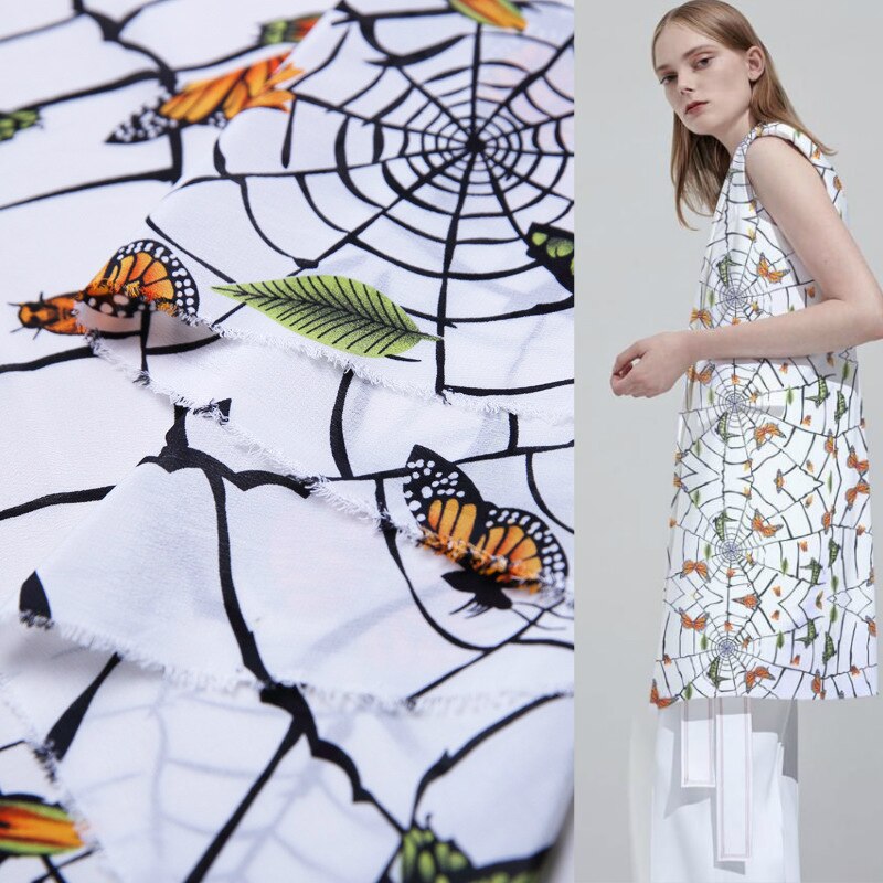 100% mulberry silk crepe de chine fabric cloth per meter butterfly printed anti-wrinkle shirt dress fabric express