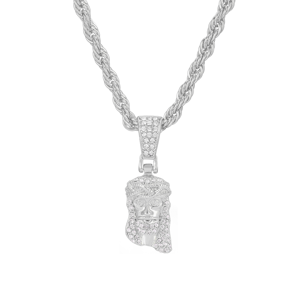 Colgante de cara de cabeza de pieza de Jesucristo para hombres, collar con dije de cristal brillante helado con cadena, joyería de Hip Hop: 70 cm / PLATEADO