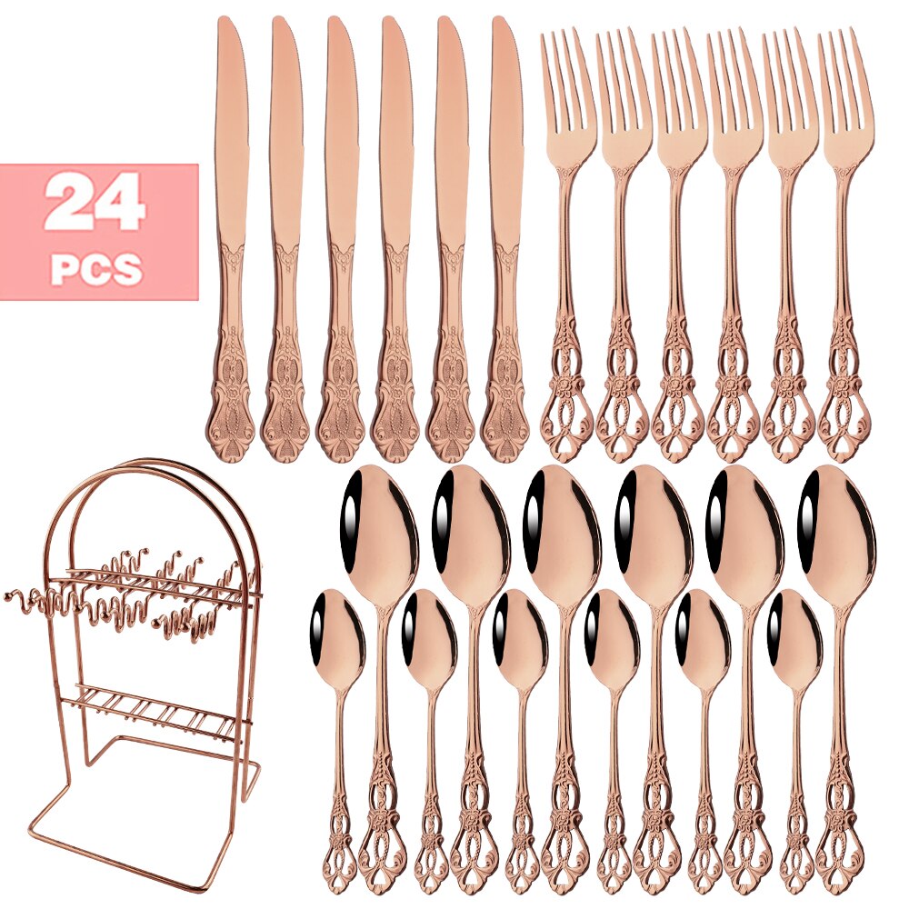 6-24pcs Luxury Wedding Silverware set Silver Dinnerware Knife Fork Tea Spoon Retro Kitchen Flatware Tableware Cutlery Rack Set