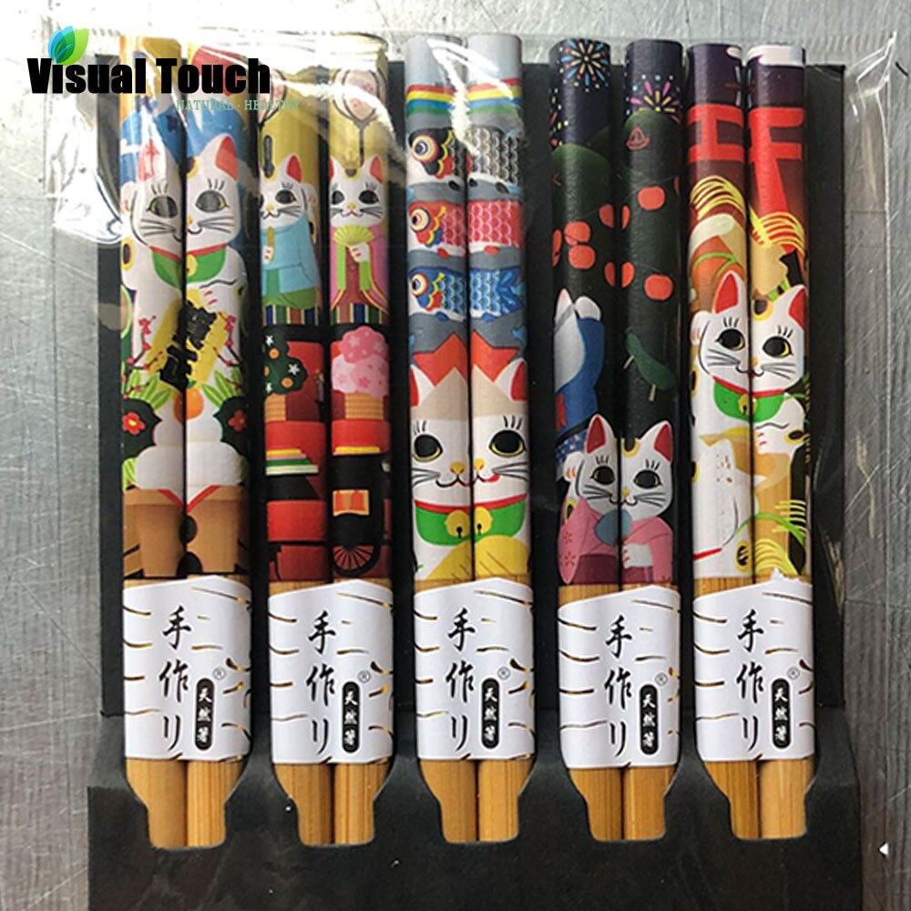 Visuell beröring 5 st set pack lucky cat bambu trä ätpinnar återanvändbara servis middag japansk ätpinne sushi matpinnar
