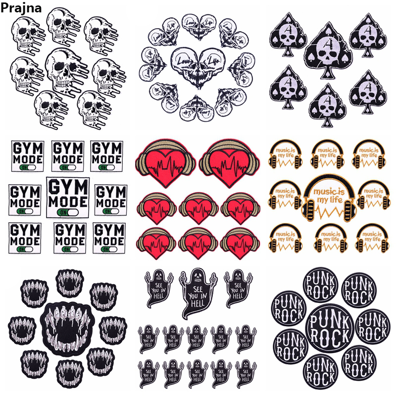 10 Stks/partijen Rock Stijl Borduurwerk Patch Punk Skull Patch Iron On Patches Voor Kleding Jassen Naaien Applique Letter Strijken Diy