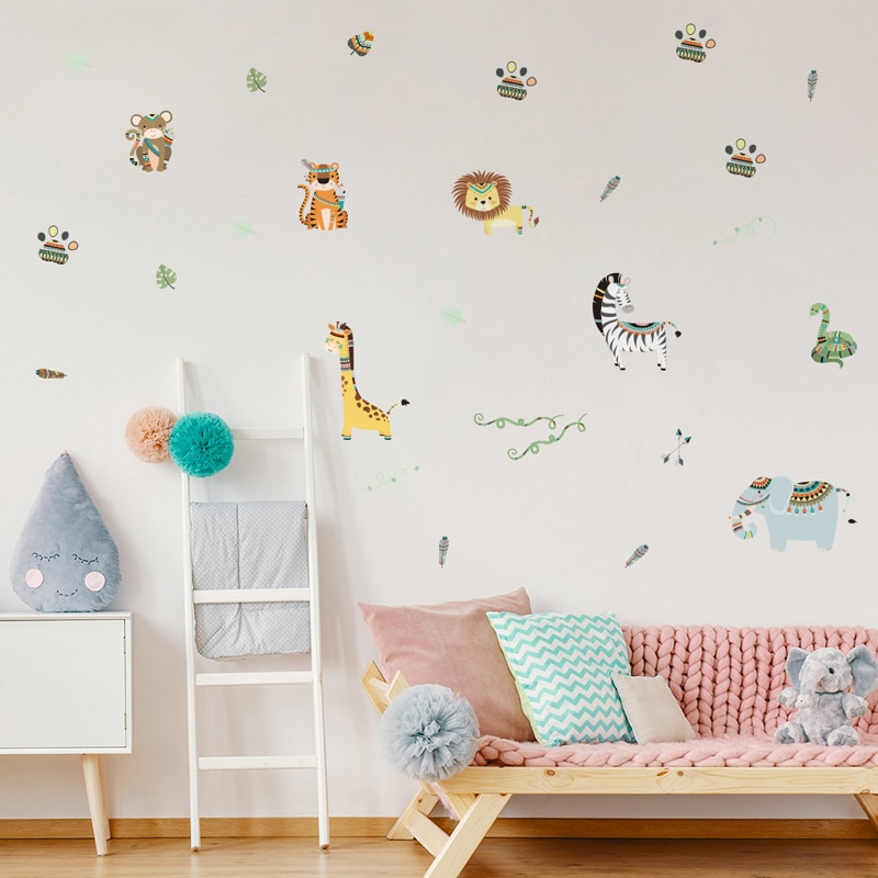 Tofok Ins adhesivos de pared de animales tribales creativos DIY estilo indio niños sala de estar TV sofá Fondo calcomanía Casa o guardería Decoración