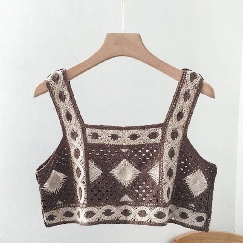 Patchwork cropped top dametøj strikket hul camisole kvindetøj rygløse blondetoppe dame tank-top sommer: Style-c brun