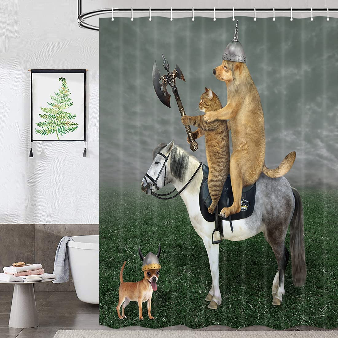 Tenda da doccia per bambini divertenti divertente animale domestico gatto Beige con cane equitazione tessuto da bagno tende da bagno con set di ganci: 150x180cm-60x70inch