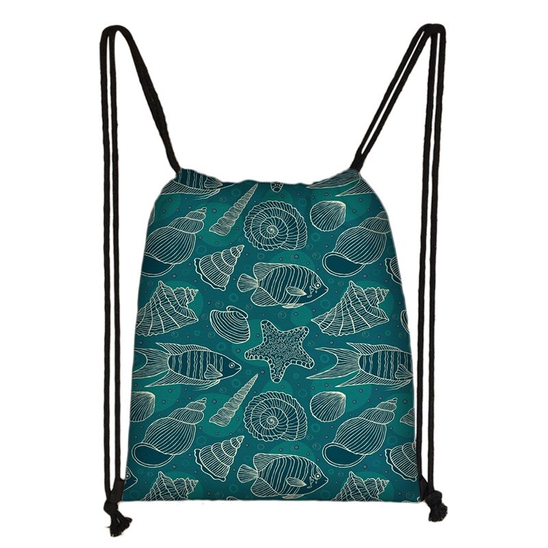 Zee Conch Tekening Afdrukken Trekkoord Tas Vrouwen Opbergtas Jongens Meisjes Casual Fish Zeester Patroon Reistassen Boekentas: skdconch07