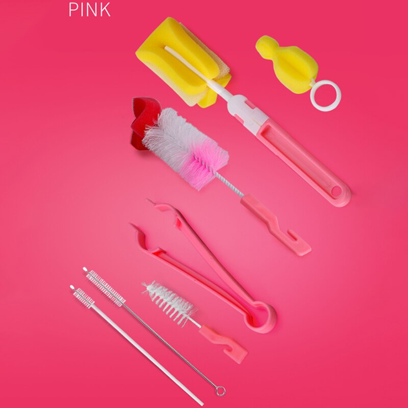 7 Pçs/set Bebê Mamilo Escova de Garrafa Esponja de Alta Densidade de 360 Graus Escova de Limpeza Escova de Garrafa de Leite Do Bebê Protable Bebê Pacifer: Rosa