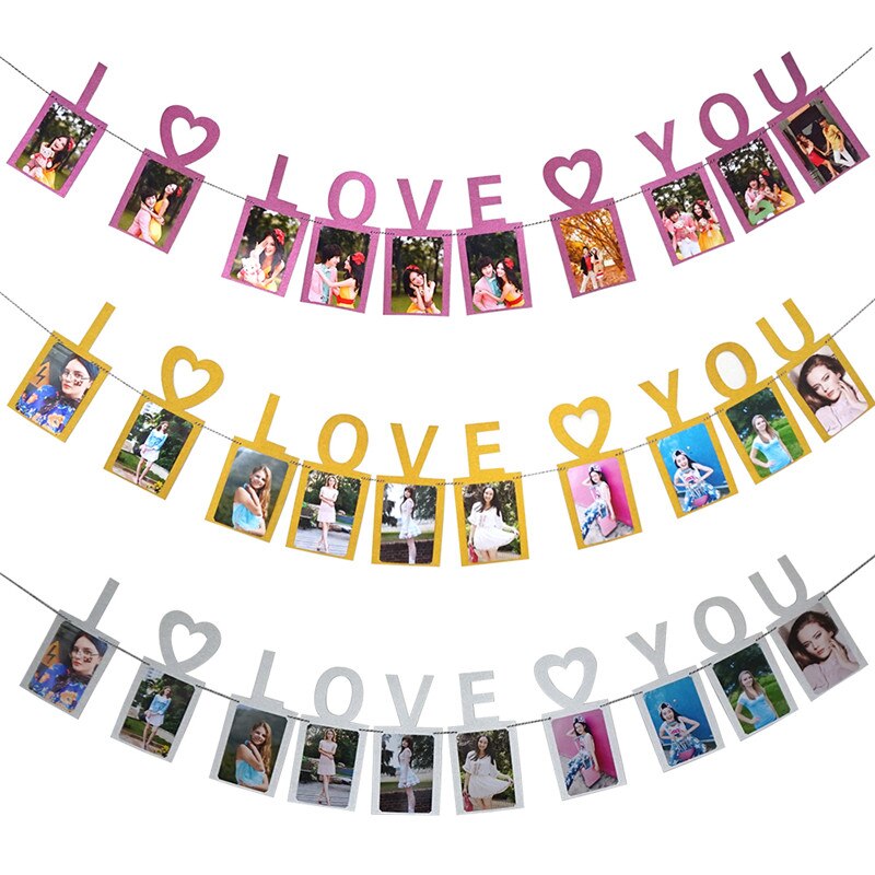 I LOVE YOU Photo Banner Heart Garland Banner for Valentines Day Wedding Engagement and Party Decoration Supplies