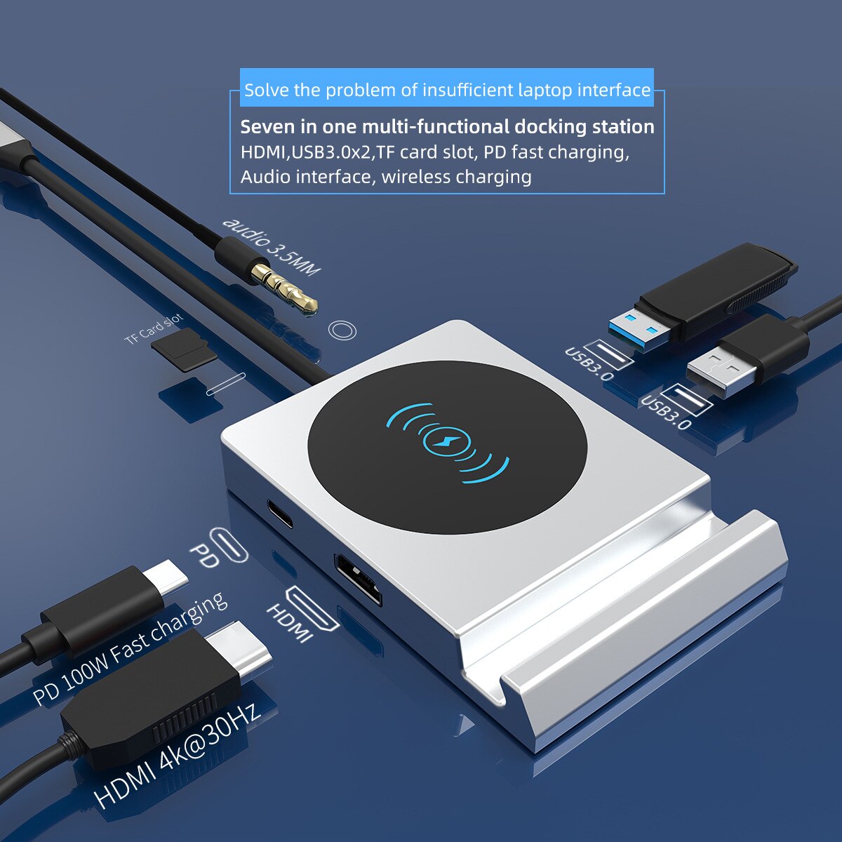 Type-c Docking Station 7-in-1 Inductive Charging USB3.0 to HDMI Hub Hub TF Card Reader for apple macbook