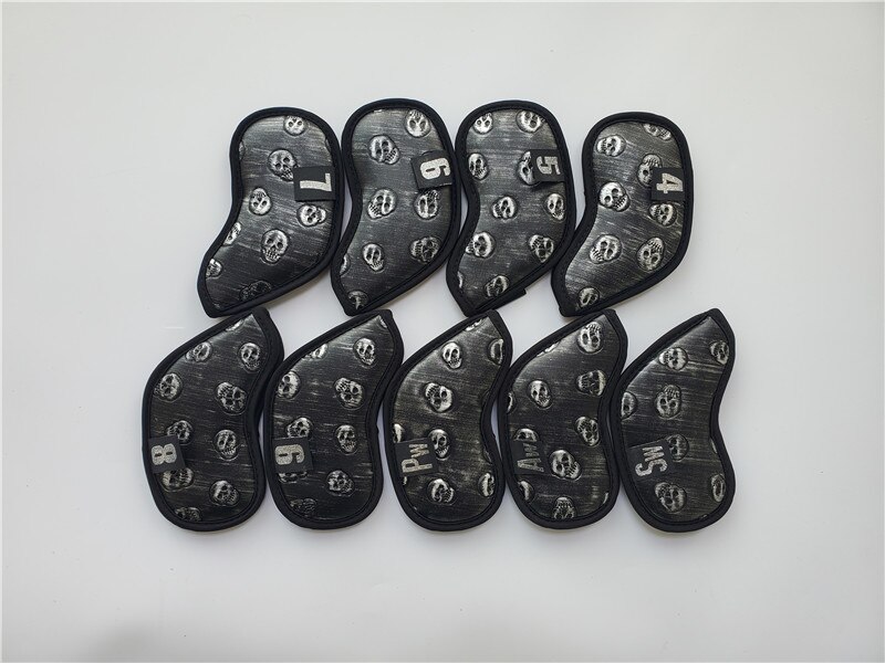 9PCS Skull Golf Head Cover Golf Irons Head Cover Black/Silver 4-9PAS PU Leather Golf Irons Head Cover