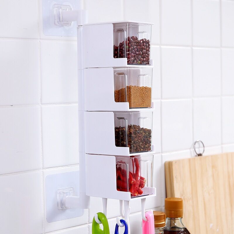 Kitchen Organizer Storage Box Seasoning Jar Bottle Wall Hanging Spice Rack Rotatable Sugar Salt Condiment Container Kitchen Tool: white4