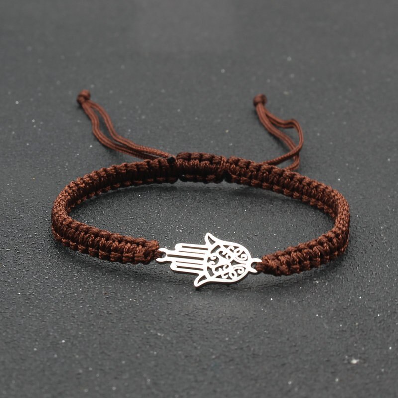handgefertigt Geflochtene rot Gewinde Seil Armbinde Edelstahl Fatima Hand Charme Armbänder für Frauen Männer Paare Freundschaft Schmuck: Braun