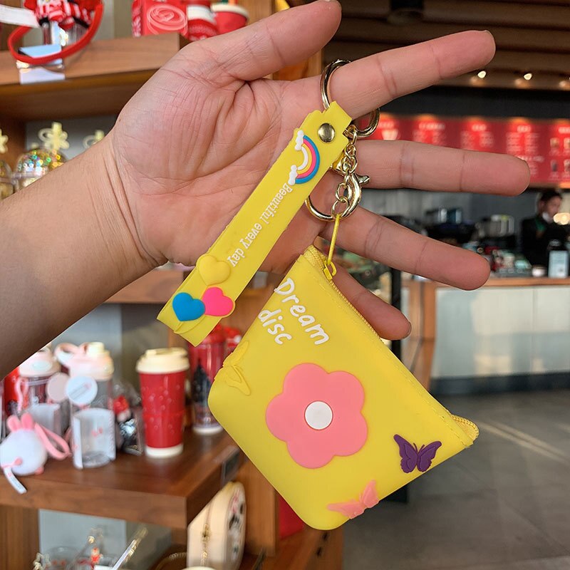 Heart-shaped Coin Purse Mini Silicone Animal Coin Purse Women Key Bag Coin Purse Kids Headset Bag Key Chain Ring: Yellow bag