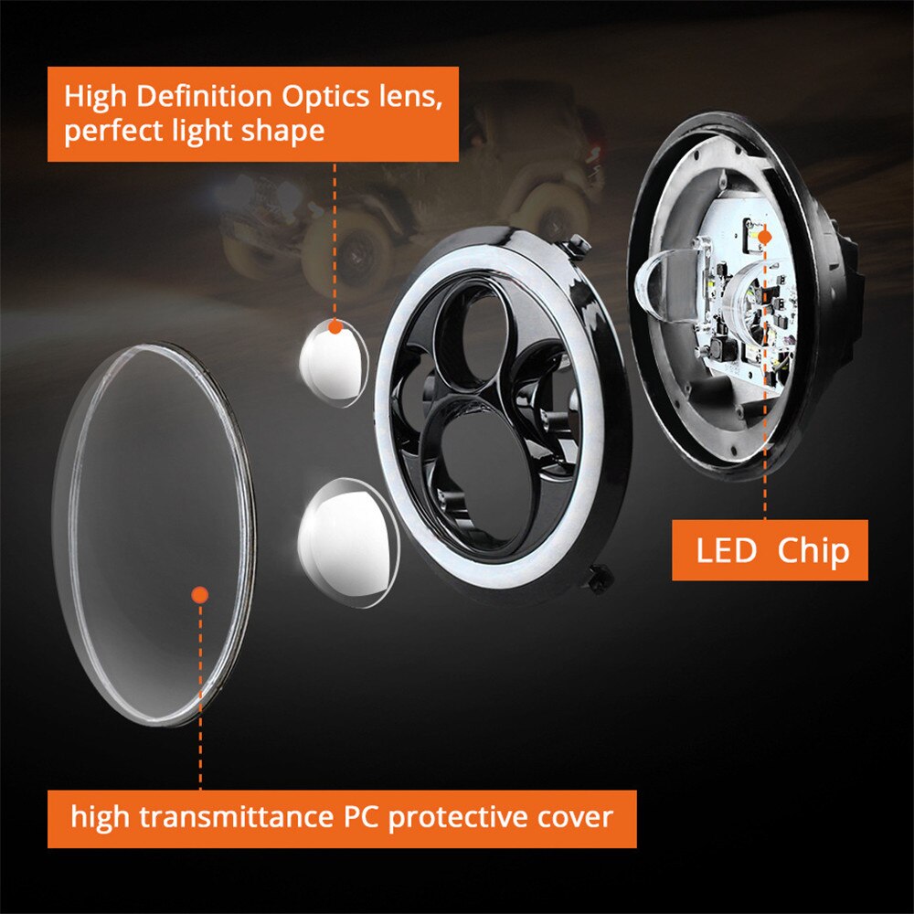 Faros LED de 7 pulgadas para Niva, luces DRL Hi/Lo de 50W, anillo Halo ámbar de ojo de Ángel para motocicleta Lada Offroad 4x4 UAZ, 12V y 24V, 1 par