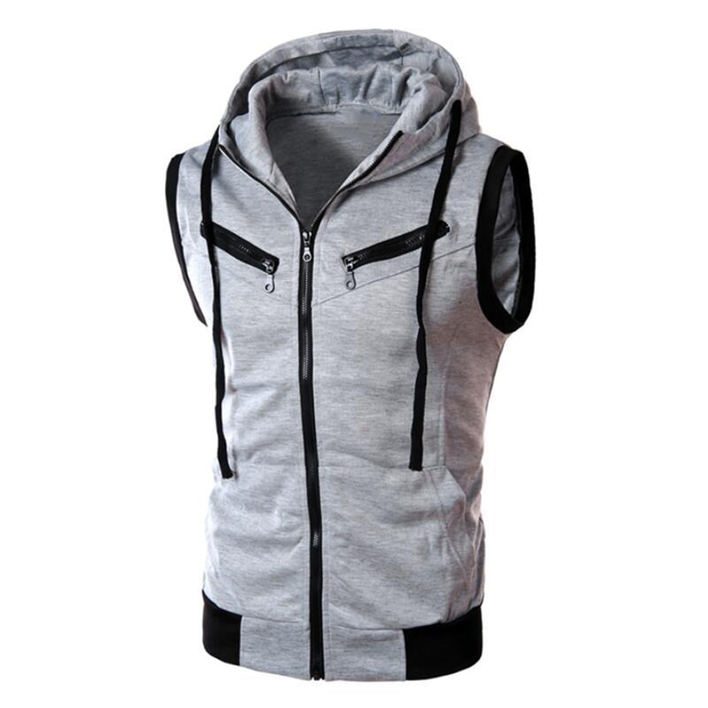 men's monochromatic hooded vest zipper pocket sleeveless vest jacket