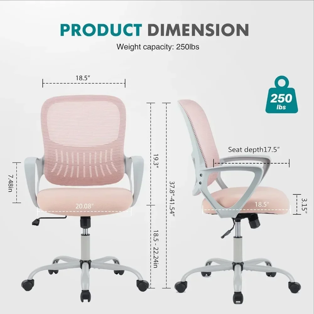 Kontorstol, ergonomiske kontorstole med midterryg i net, drejelige skrivebordsstole med hjul, komfortabel lændestøtte, pink