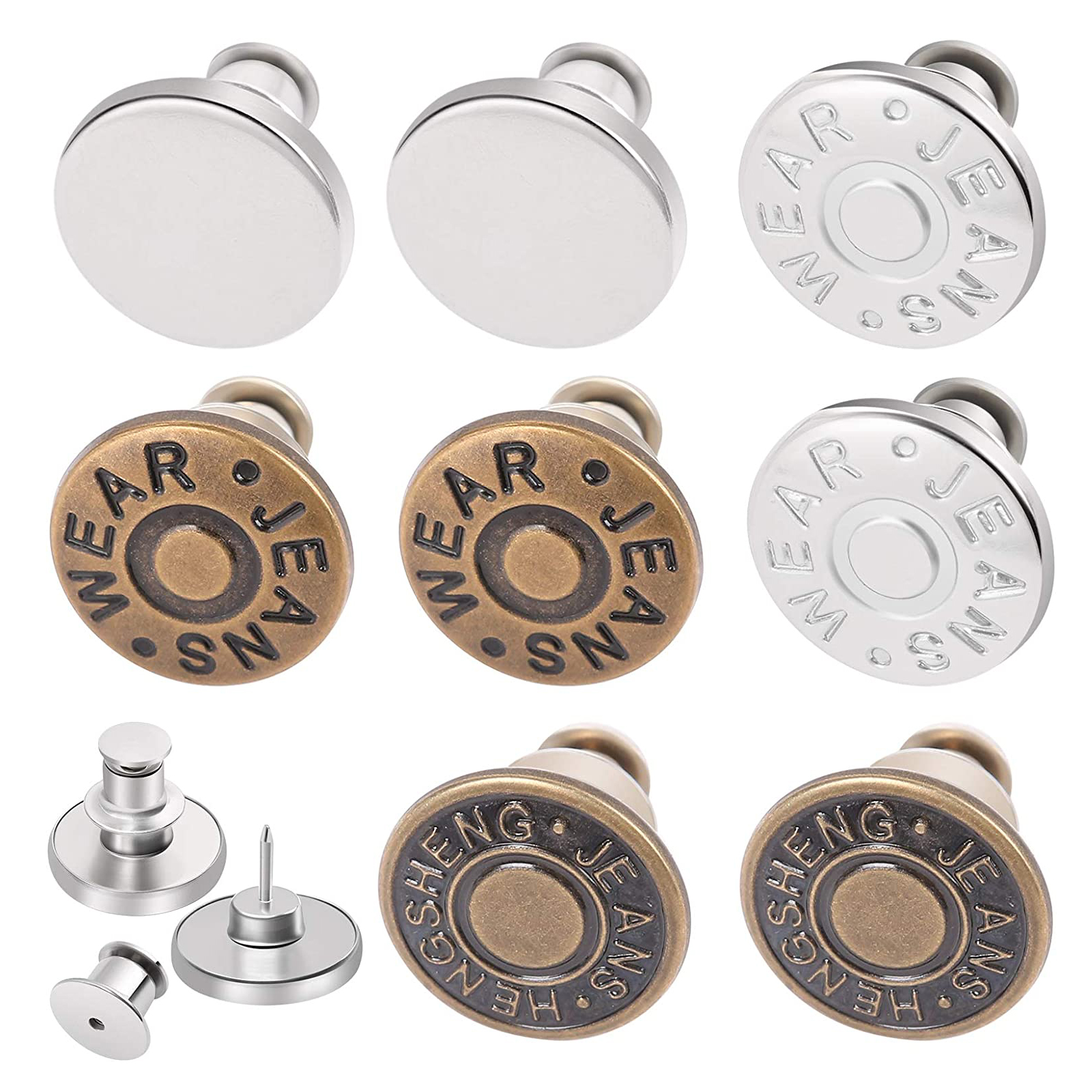 Juego de botones de Jean para pantalones vaqueros sueltos, alfileres sin costura, tensor de pantalones, botones ajustables, reemplazo para tachuelas a presión grandes, 12 juegos: Plata antigua