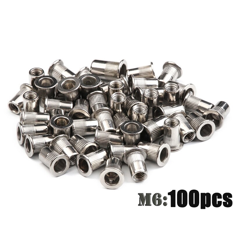100PCS M3 M4 M5 M6 Stainless Steel Flat Head Rivet Nuts Set Insert Reveting Multi Size Stainless Steel Rivet Nut Set: 100PCS M6
