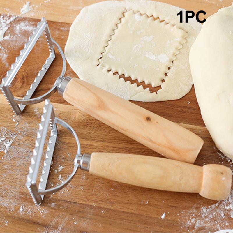 Fluted Edge Ravioli Stamp Kitchen Bakeware Tool Pastry Pasta Cutter Dumplings Maker Gadgets Square Mold Wooden Handle Durable
