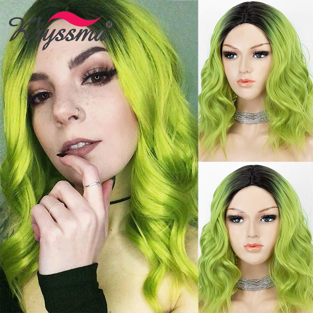 Kryssma Short Bob Wigs Cosplay Wigs Short Wavy Synthetic Wigs For Women Ombre Green Wig With Middle Part Heat Fiber Hair Wig