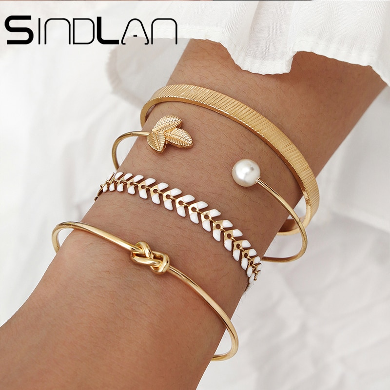 Sindlan 4 Stuks Vintage Gouden Parel Open Bangle Armbanden Set Voor Vrouwen Boho Knoop Glad Mode Meisjes Bedelarmband Pols sieraden