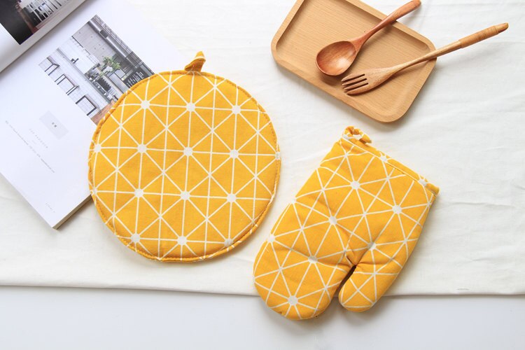 FOURETAW 1 Stück Nette Gelb Grau Baumwolle nordisch Küche Kochen mikrowelle handschuhe backen BBQ topflappen Backofen Handschuhe: O-2Stck