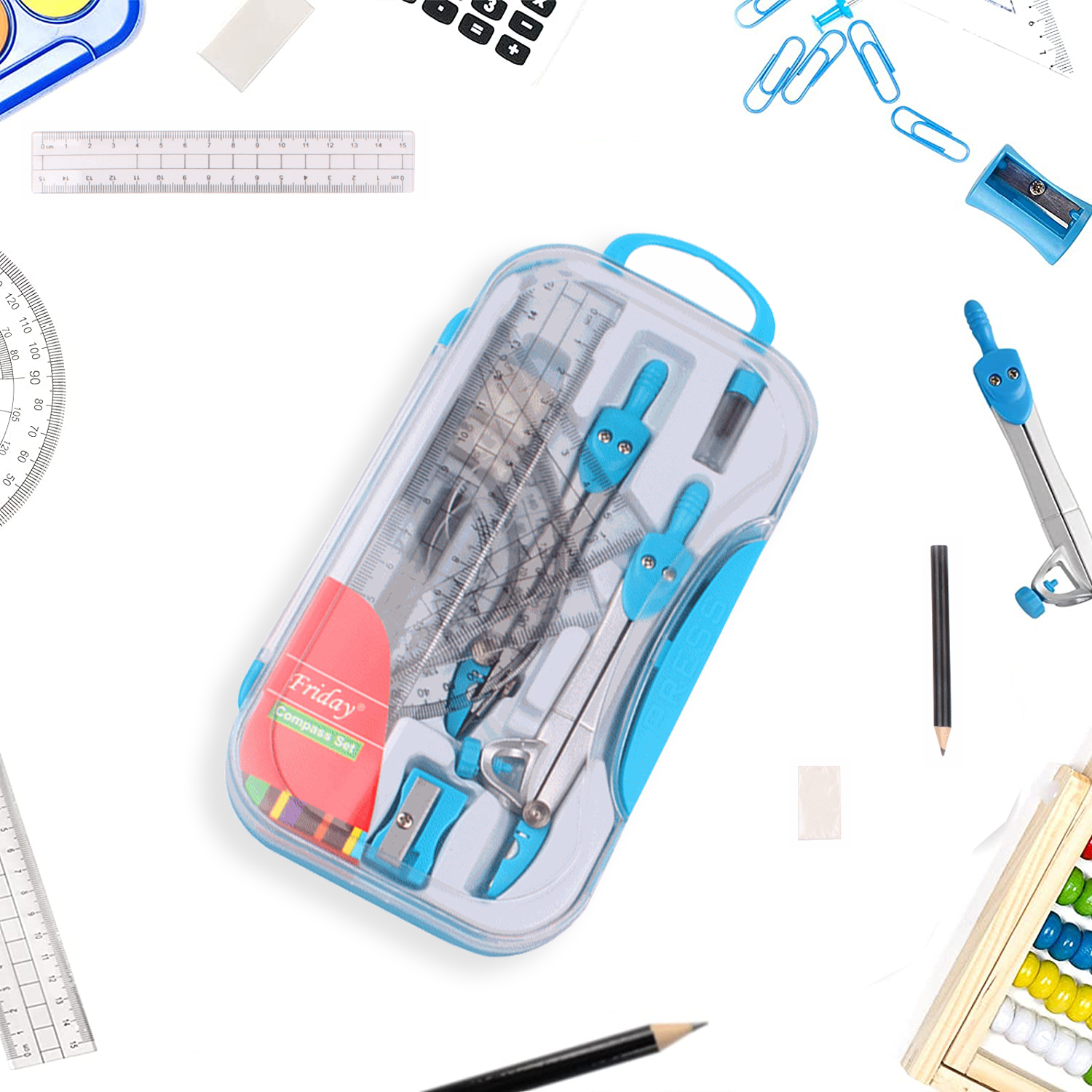10 Stuks Geometry Math Tool Kit Met Kompassen Gradenboog Potlood Gum Puntenslijper Vierkante Driehoek Heerser Lood Vullingen Opbergdoos