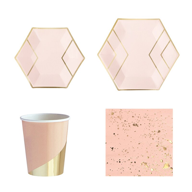 Roze folie gouden feestbenodigdheden taartschaal wegwerpservies prinses papieren borden bekers servetten voor bruiloft doop bedankjes: Roze sets